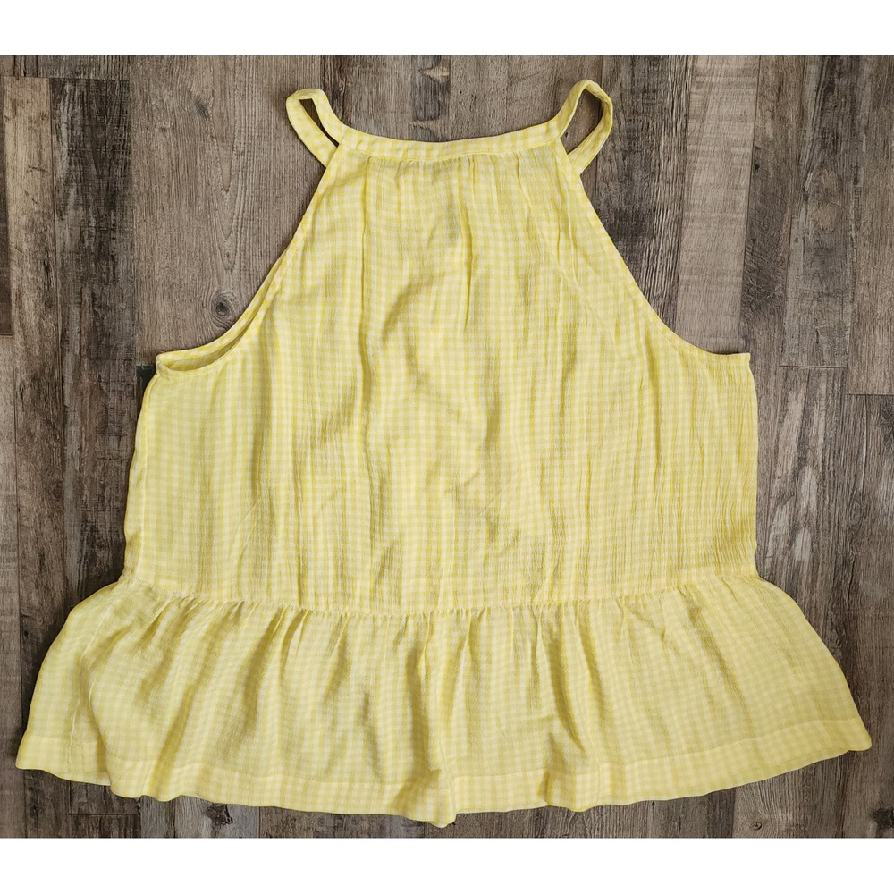 LOFT Halter Top Womens Large Yellow Gingham Keyhole Tie Peplum Blouse - Picture 5 of 6